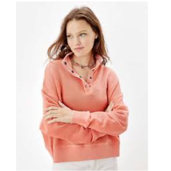 American Eagle Outfitters Tops - American Eagle Slouchy Snap 1/4 Button Boxy Pullover Sweatshirt Coral Medium